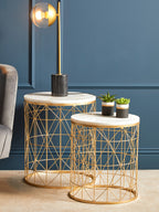 Set of 2 White Marble Top Round Side Tables with Gold Geometric Open Frame Bases | Avantis