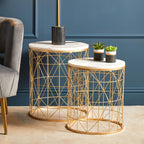 Set of 2 White Marble Top Round Side Tables with Gold Geometric Open Frame Bases | Avantis