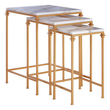 Set of 3 White Marble Tops Square Nesting Side Tables with Gold Finish Carved Metallic Legs | Avantis