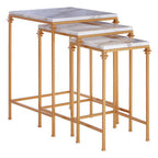 Set of 3 White Marble Tops Square Nesting Side Tables with Gold Finish Carved Metallic Legs | Avantis
