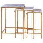 Set of 3 White Marble Tops Square Nesting Side Tables with Gold Finish Carved Metallic Legs | Avantis