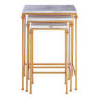 Set of 3 White Marble Tops Square Nesting Side Tables with Gold Finish Carved Metallic Legs | Avantis
