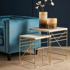 Set of 2 White Marble Square Nesting Tables with Champagne Finish Metallic Legs | Avantis