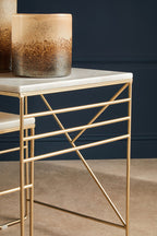 Set of 2 White Marble Square Nesting Tables with Champagne Finish Metallic Legs | Avantis