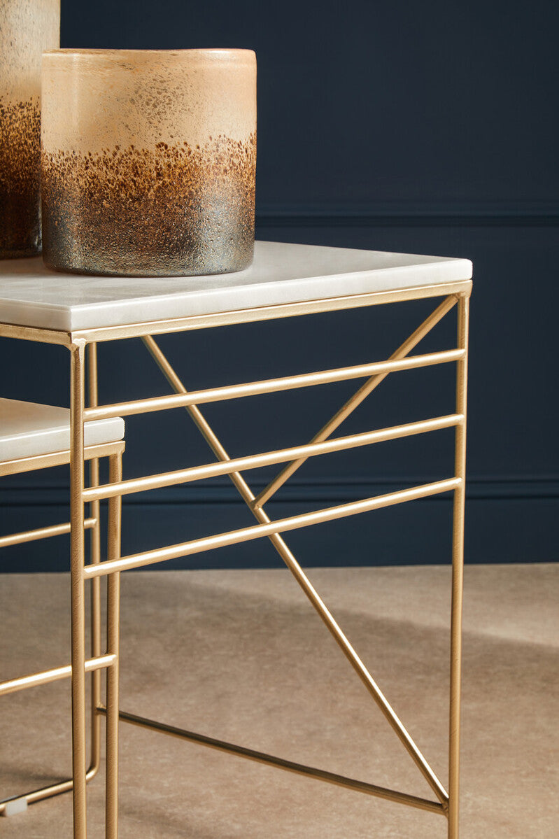 Set of 2 White Marble Square Nesting Tables with Champagne Finish Metallic Legs | Avantis