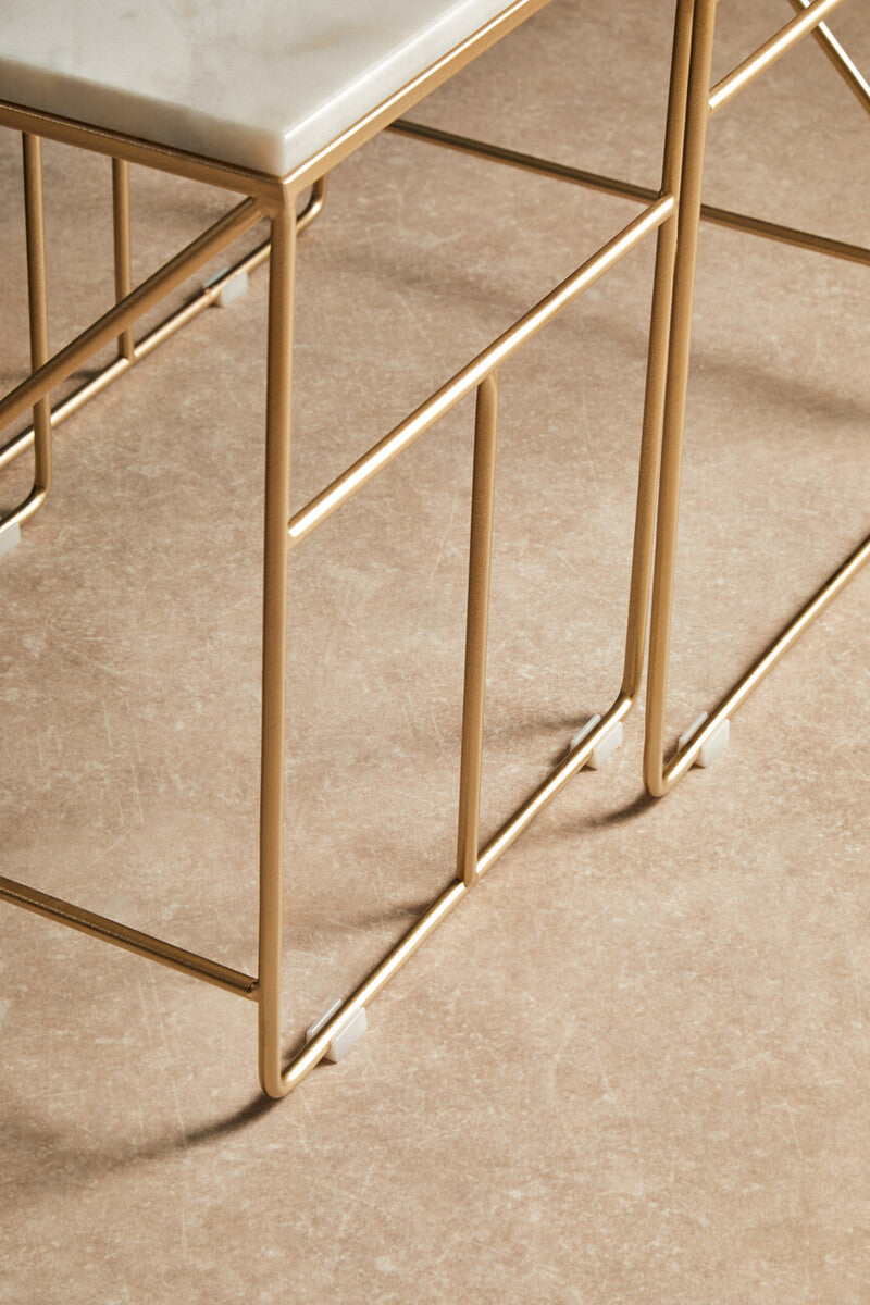 Set of 2 White Marble Square Nesting Tables with Champagne Finish Metallic Legs | Avantis