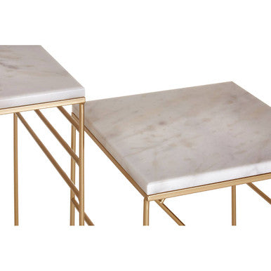 Set of 2 White Marble Square Nesting Tables with Champagne Finish Metallic Legs | Avantis
