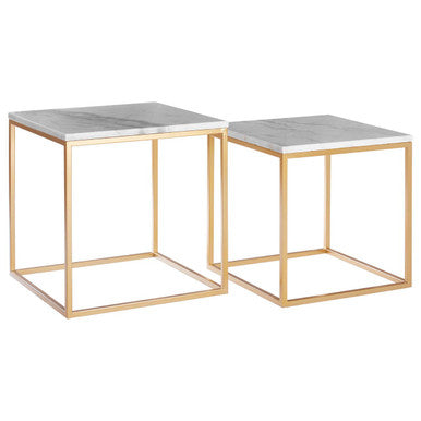 Set of Two White Marble Top Square Nesting Side Tables with Gold Metal Frame | Avantis