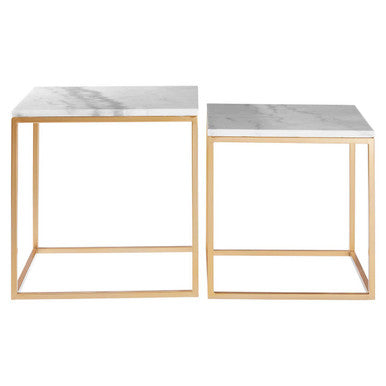 Set of Two White Marble Top Square Nesting Side Tables with Gold Metal Frame | Avantis
