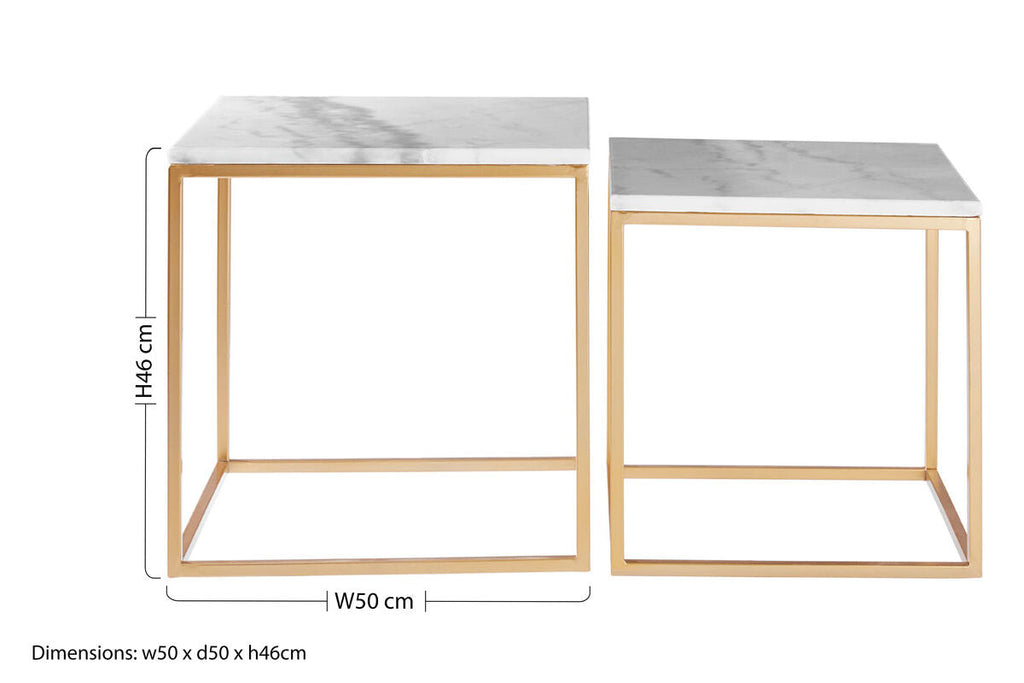 Set of Two White Marble Top Square Nesting Side Tables with Gold Metal Frame | Avantis