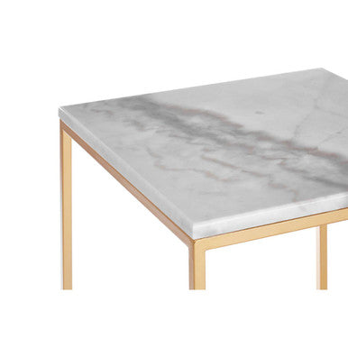 Set of Two White Marble Top Square Nesting Side Tables with Gold Metal Frame | Avantis