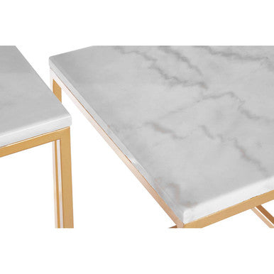 Set of Two White Marble Top Square Nesting Side Tables with Gold Metal Frame | Avantis