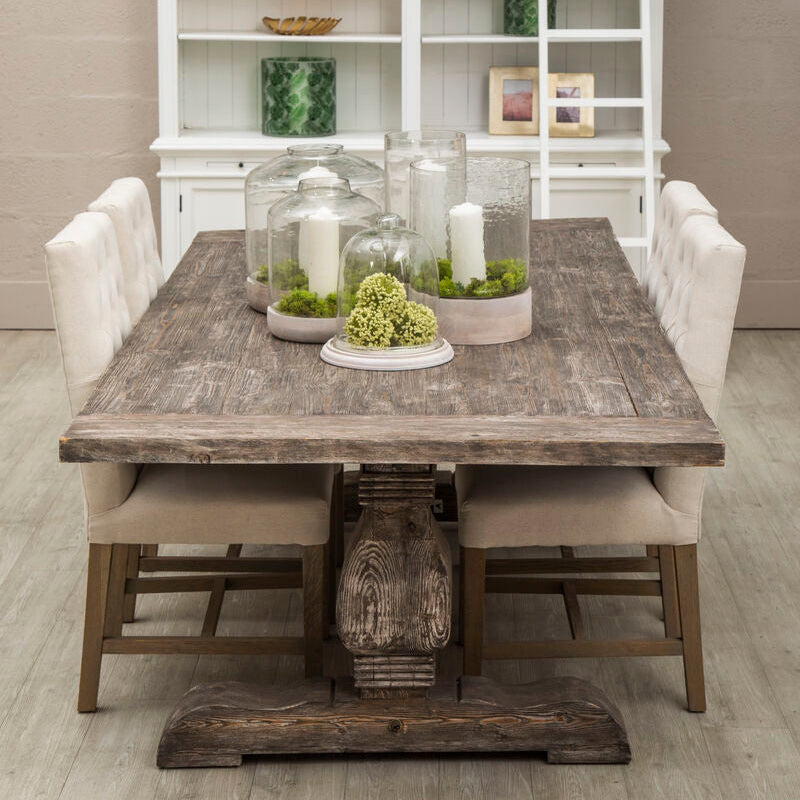 Brown Rustic Recycled Pine Wood Dining Table with Traditional Pedestal Legs | Lovina