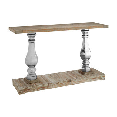 Brown Whitewash Pine Wooden Console Table with Carved Silver Pillar Columns and Brown Wooden Base | Richmond