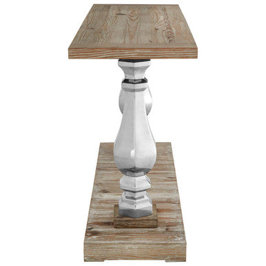 Brown Whitewash Pine Wooden Console Table with Carved Silver Pillar Columns and Brown Wooden Base | Richmond