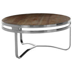 Natural Pine Wood Round Coffee Table with Metallic Silver Curved Leg Base | Richmond