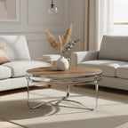 Natural Pine Wood Round Coffee Table with Metallic Silver Curved Leg Base | Richmond