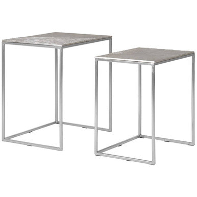 Silver Nickel Set of Two Rectangular Nesting Tables with Textured Aluminium Tops and Sleek Iron Frame | Templar