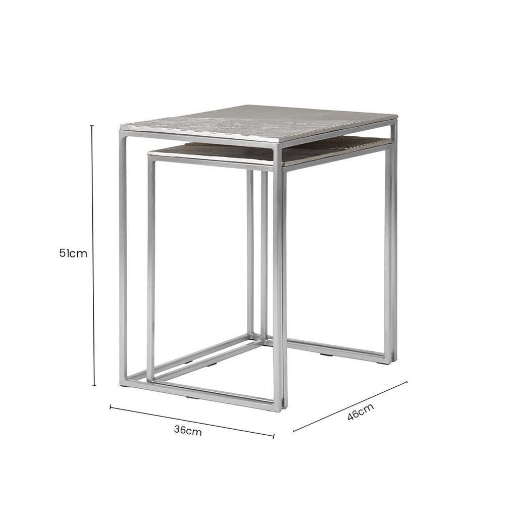 Silver Nickel Set of Two Rectangular Nesting Tables with Textured Aluminium Tops and Sleek Iron Frame | Templar