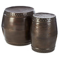 Metallic Brown Iron Set of 2 Drum Style Side Tables with Hammered Tops | Reza