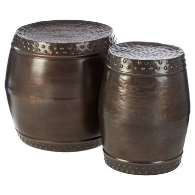 Metallic Brown Iron Set of 2 Drum Style Side Tables with Hammered Tops | Reza