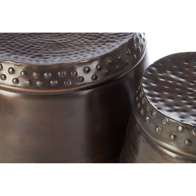 Metallic Brown Iron Set of 2 Drum Style Side Tables with Hammered Tops | Reza
