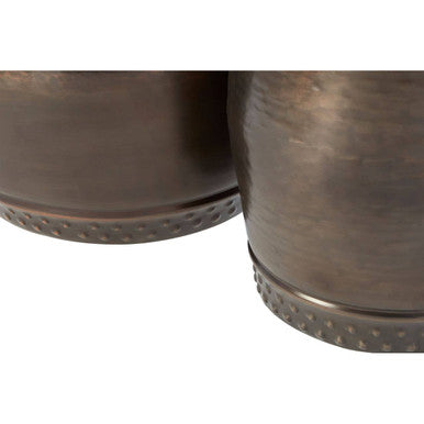 Metallic Brown Iron Set of 2 Drum Style Side Tables with Hammered Tops | Reza