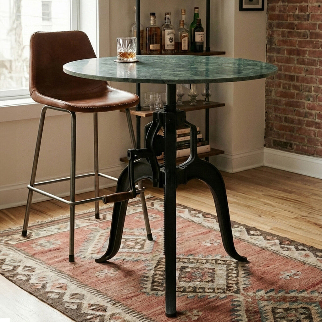 Green Marble Top Small Bar Table with Black Iron Cabriole Legs and Crank Mechanism | Vasco