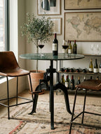 Green Marble Top Small Bar Table with Black Iron Cabriole Legs and Crank Mechanism | Vasco