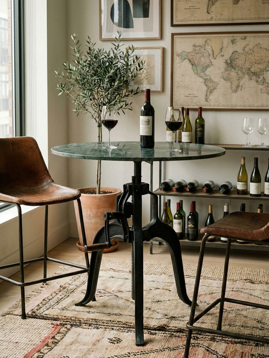 Green Marble Top Small Bar Table with Black Iron Cabriole Legs and Crank Mechanism | Vasco