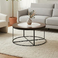 Brown Wood and White Marble Top Coffee Table with Black Iron Intersecting Base | Vasco
