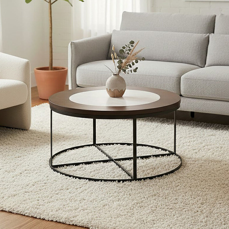 Brown Wood and White Marble Top Coffee Table with Black Iron Intersecting Base, Vasco