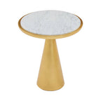 White Marble Top Small Side Table with Gold Finish Conical Wood Base, Lino