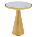 White Marble Top Small Side Table with Gold Finish Conical Wood Base, Lino