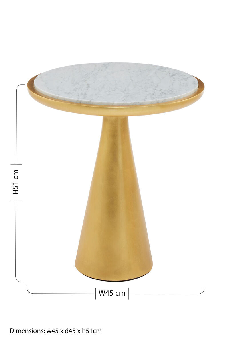 White Marble Top Small Side Table with Gold Finish Conical Wood Base, Lino