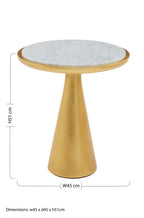 White Marble Top Small Side Table with Gold Finish Conical Wood Base, Lino