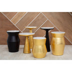 White Marble Top Small Side Table with Gold Finish Conical Wood Base, Lino