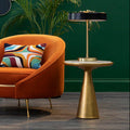 White Marble Top Small Side Table with Gold Finish Conical Wood Base, Lino