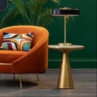 White Marble Top Small Side Table with Gold Finish Conical Wood Base, Lino