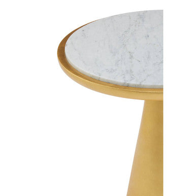 White Marble Top Small Side Table with Gold Finish Conical Wood Base, Lino