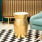 Large Gold Drum Wood Side Table with White Marble Top | Lino