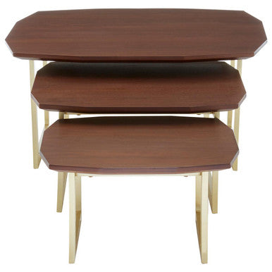 Set of 3 Brown Walnut Wood Nesting Side Tables with Gold Finish Metal Legs | Villi