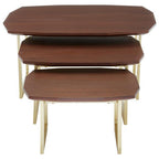 Set of 3 Brown Walnut Wood Nesting Side Tables with Gold Finish Metal Legs | Villi