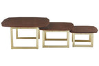 Set of 3 Brown Walnut Wood Nesting Side Tables with Gold Finish Metal Legs | Villi
