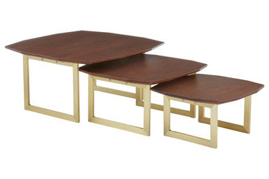 Set of 3 Brown Walnut Wood Nesting Side Tables with Gold Finish Metal Legs | Villi