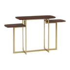 Brown Wood Multi Level 3 Tier Console Table with Gold Finish Metal Frame | Villi