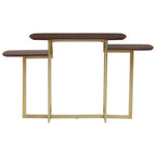 Brown Wood Multi Level 3 Tier Console Table with Gold Finish Metal Frame | Villi