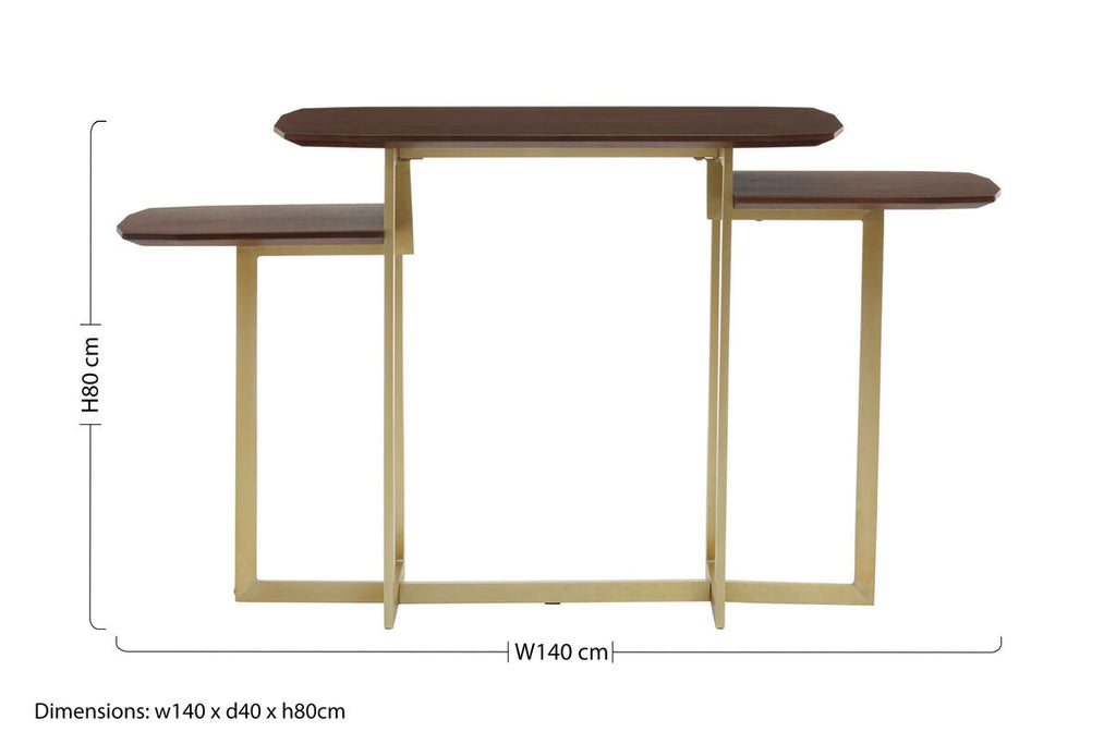 Brown Wood Multi Level 3 Tier Console Table with Gold Finish Metal Frame | Villi