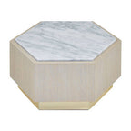 White Marble Top Hexagonal Small Side Table with Whitewash Oak Body and Gold Finish Base | Villi