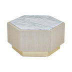 White Marble Top Hexagonal Small Side Table with Whitewash Oak Body and Gold Finish Base | Villi